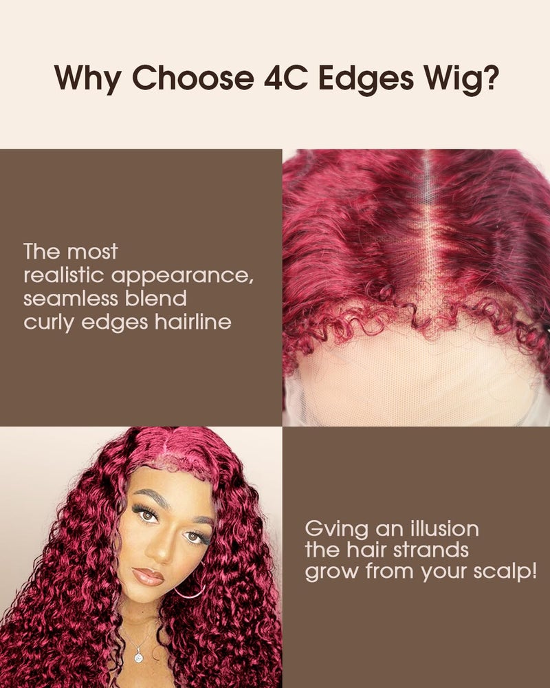 MENTOR 4C Edges Lace Front Wig Deep Wave Burgundy Human Hair 13x4 99j Red Lace Frontal Wigs Deep Curl with Kinky Edges Pre-Plucked 180% Density 18 inch - Image 3